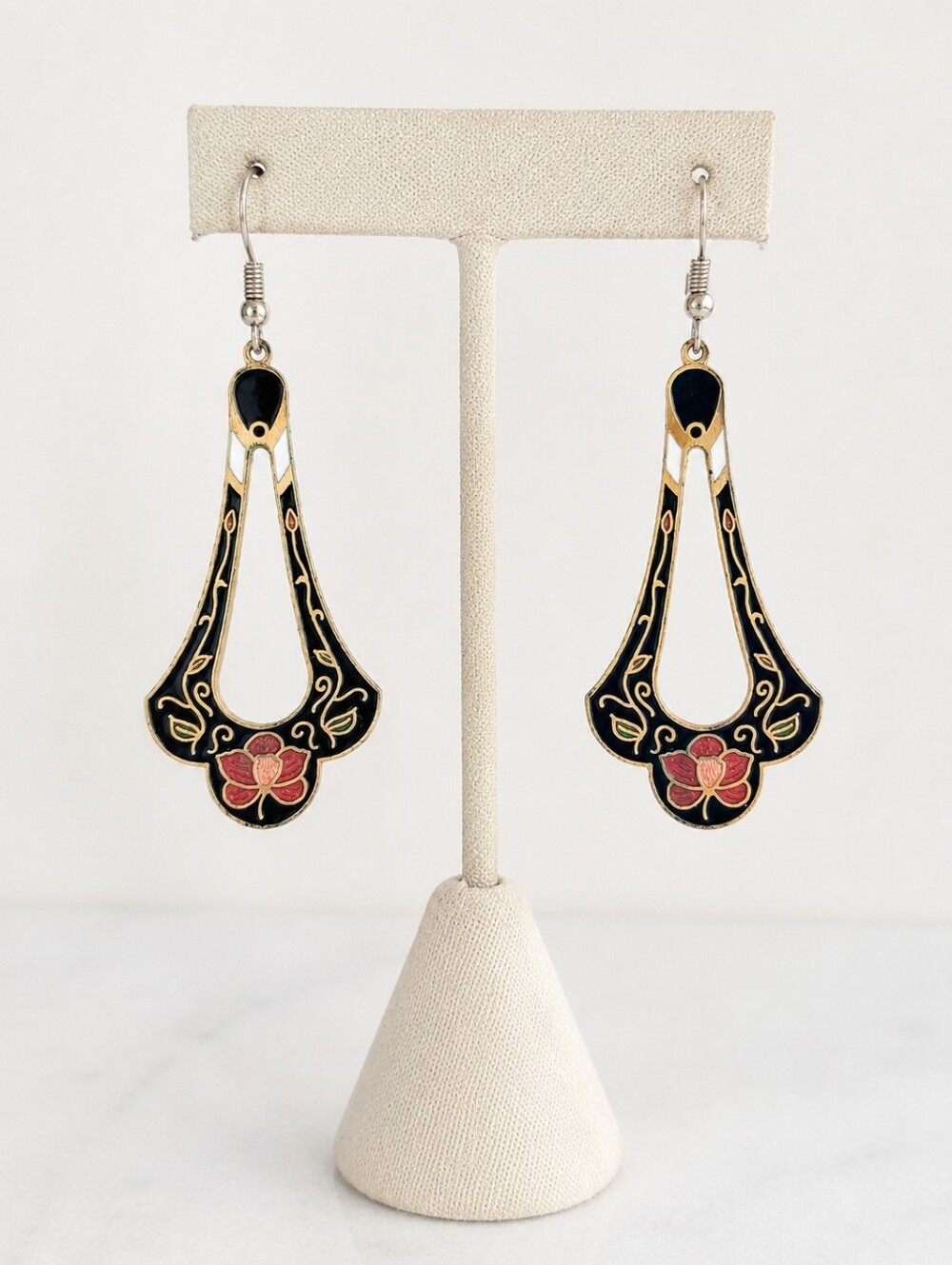 Vintage Whimsigoth Festival Cloisonne Black Dark Romantic Floral Drop Earrings